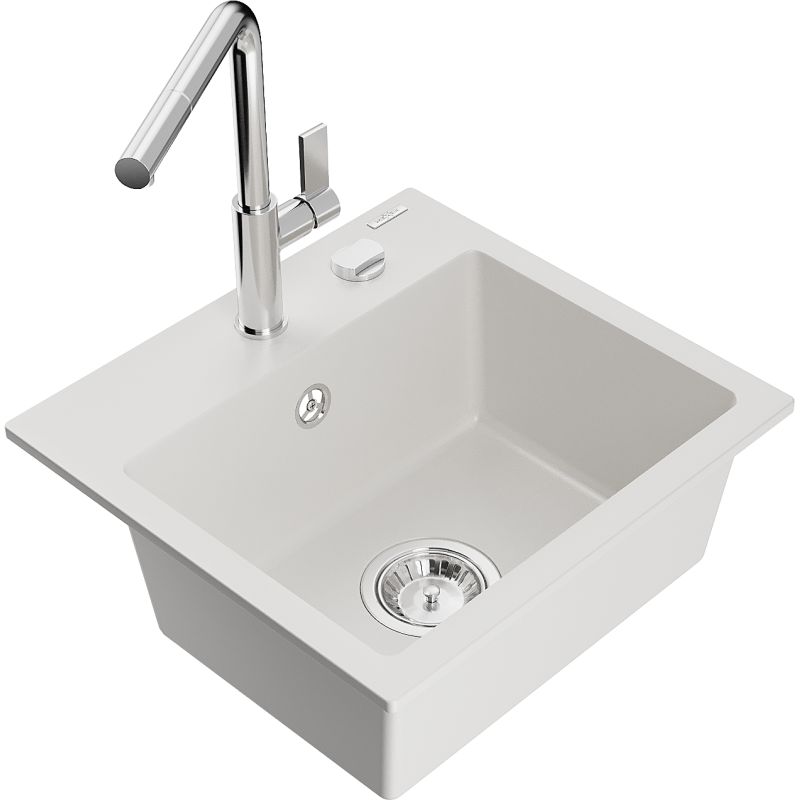 Zlewozmywak granitowy 1-komorowy Mexen Milo z baterią kuchenną Flora biały 6505-20-670401-00