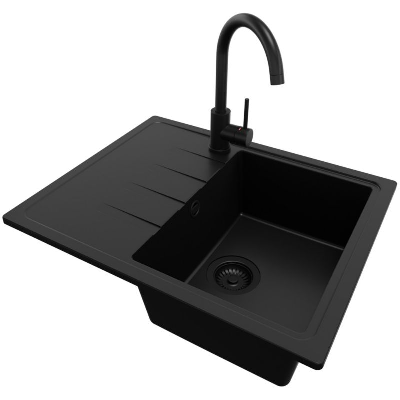Zlewozmywak Granitowy Mediolan PRIMAGRAN Nablatowy 62x50cm do Szafki od 40cm, Cały Czarny + Bateria 32x20cm + Syfon, S010, 1 szt.