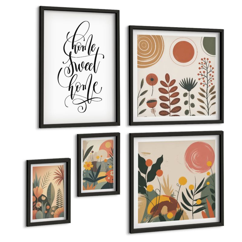Zestaw Obrazów 5 Częściowy ArtPrintCave (2x50x50+2x20x30+40x60cm) Czarna rama Roślinne wzory pastelowe 1 kpl.