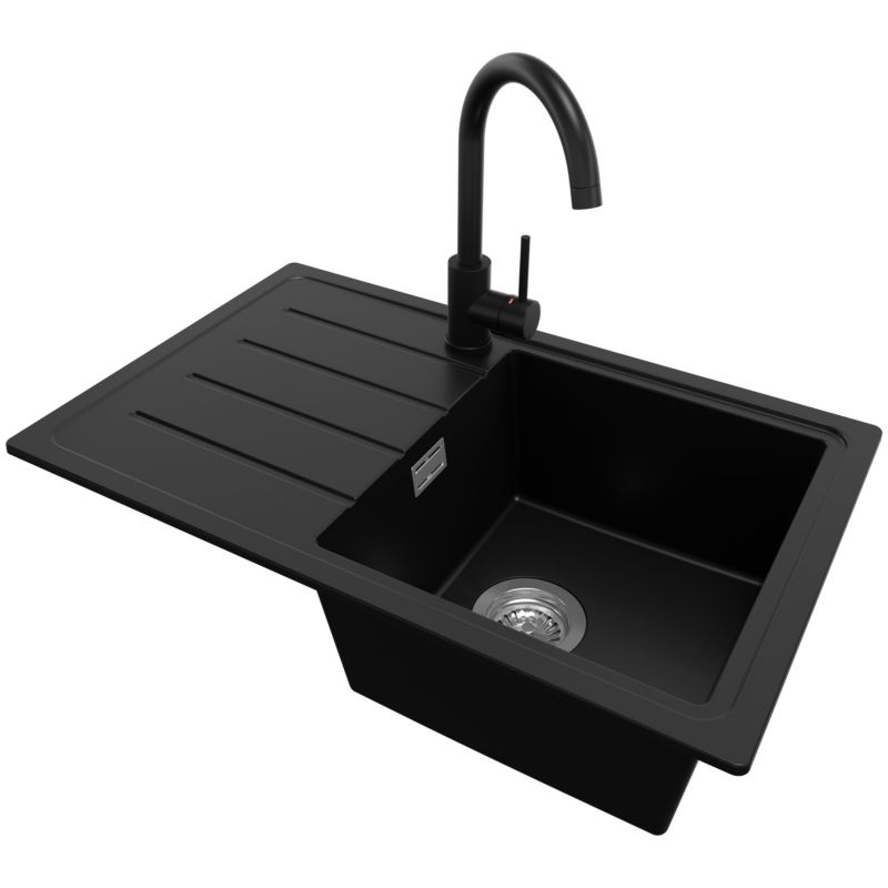 Zlewozmywak Granitowy Kopenhaga Easy PRIMAGRAN Nablatowy 70x44cm do Szafki od 45cm, Czarny + Bateria + Syfon, S045, 1 szt.