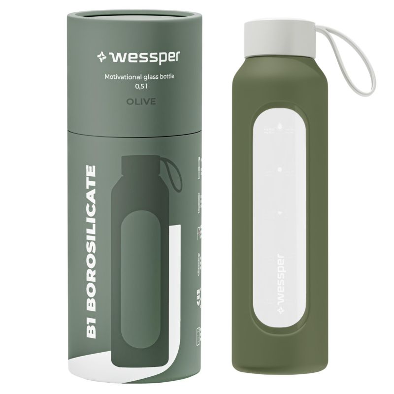 Butelka na wodę, Wessper, motywacyjna, z miarką, szklana, szkło borokrzemowe, 500ml + etui oliwkowe, 1szt