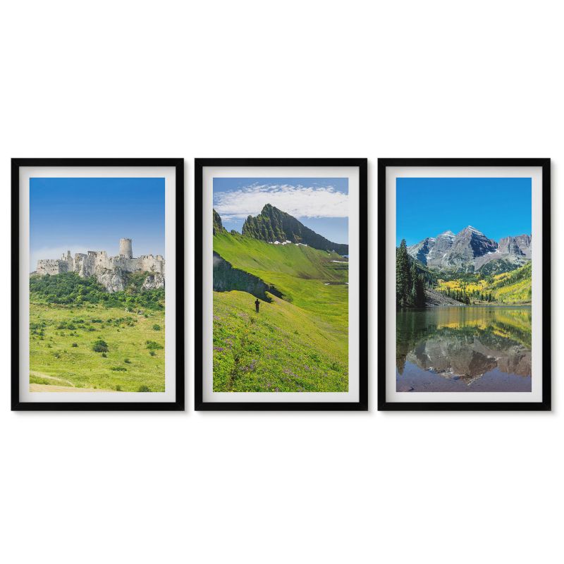 Tryptyk w czarnej ramie Tulup 40x60 cm Zielone wzgórza z zamkiem Galeria ścienna 1 kpl