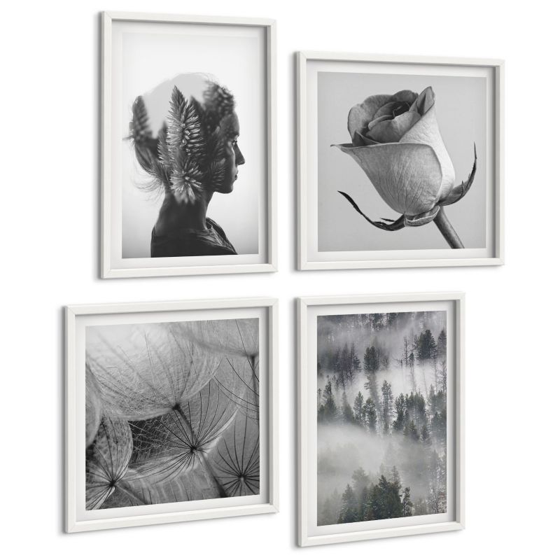 Komplet 4 Obrazów ArtPrintCave (2x50x50+2x40x60cm) Biała rama Las mgła portret kobiety 1 kpl.