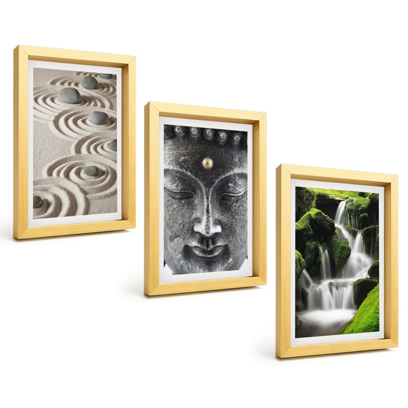 Trzyczęściowy Zestaw Obrazów ArtPrintCave 20x30 cm Złota rama Spokój kamieni wodospad Buda Zen 1 kpl.