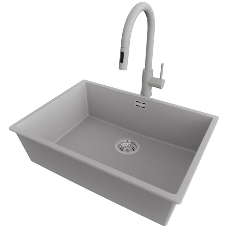 Zlewozmywak Granitowy Londyn Slim PRIMAGRAN Nablatowy 66x47cm do Szafki od 70cm, Szary + Bateria 40x20cm + Syfon, S409, 1 szt.