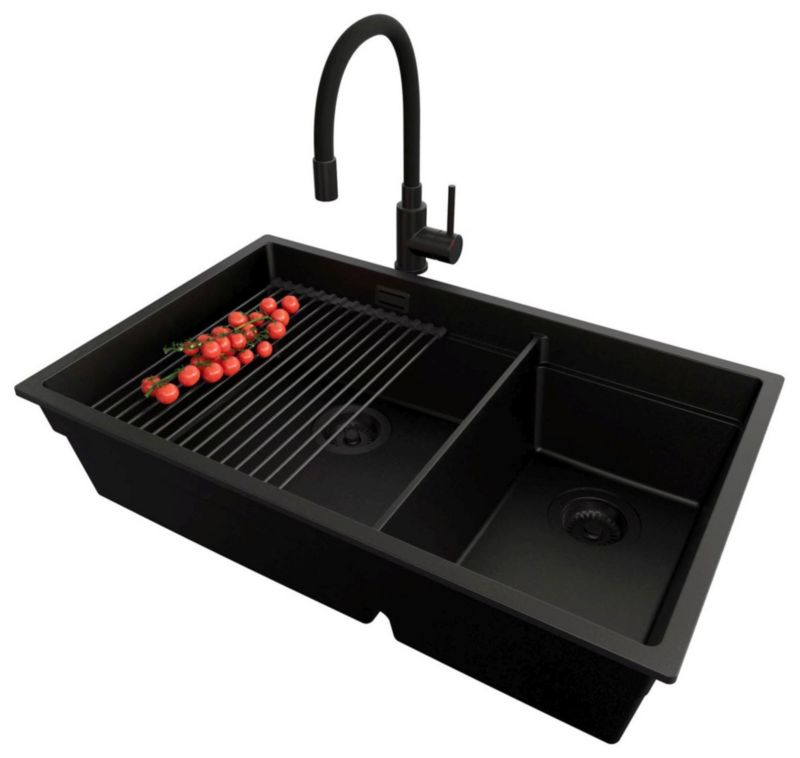Zlewozmywak Granitowy Praga Duo Level PRIMAGRAN Nablatowy 76x47cm, Cały Czarny + Bateria + Syfon + Akcesorium, S090, 1 szt.