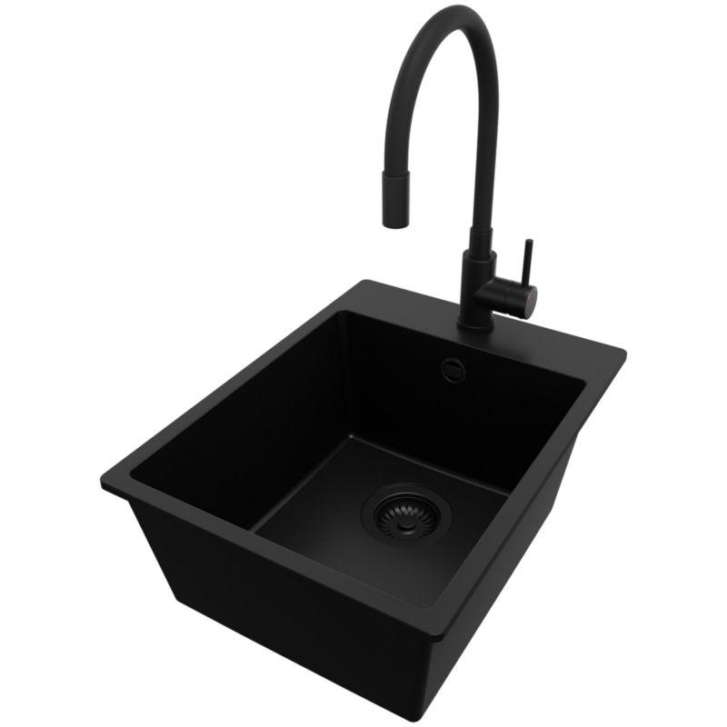 Zlewozmywak Granitowy Ryga PRIMAGRAN Nablatowy 38x50cm do Szafki od 40cm, Cały Czarny + Bateria 38x14cm + Syfon, S062, 1 szt.