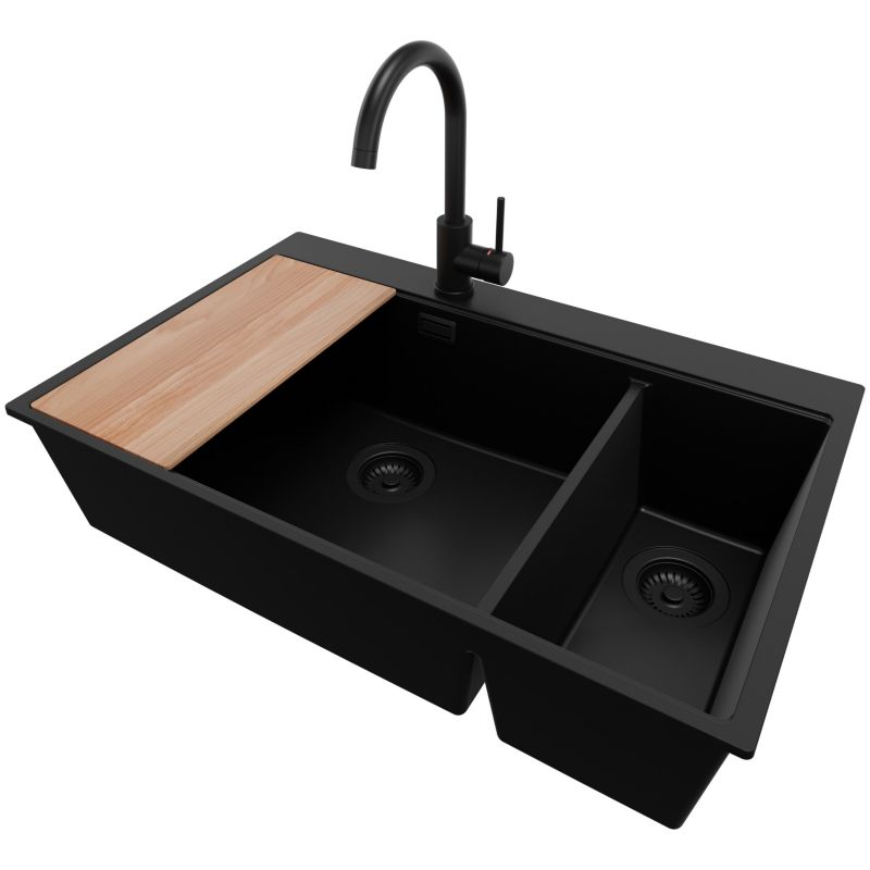 Zlewozmywak Granitowy Oslo Duo Top PRIMAGRAN Nablatowy 78x50cm, Cały Czarny + Bateria + Syfon + Akcesorium, S084, 1 szt.