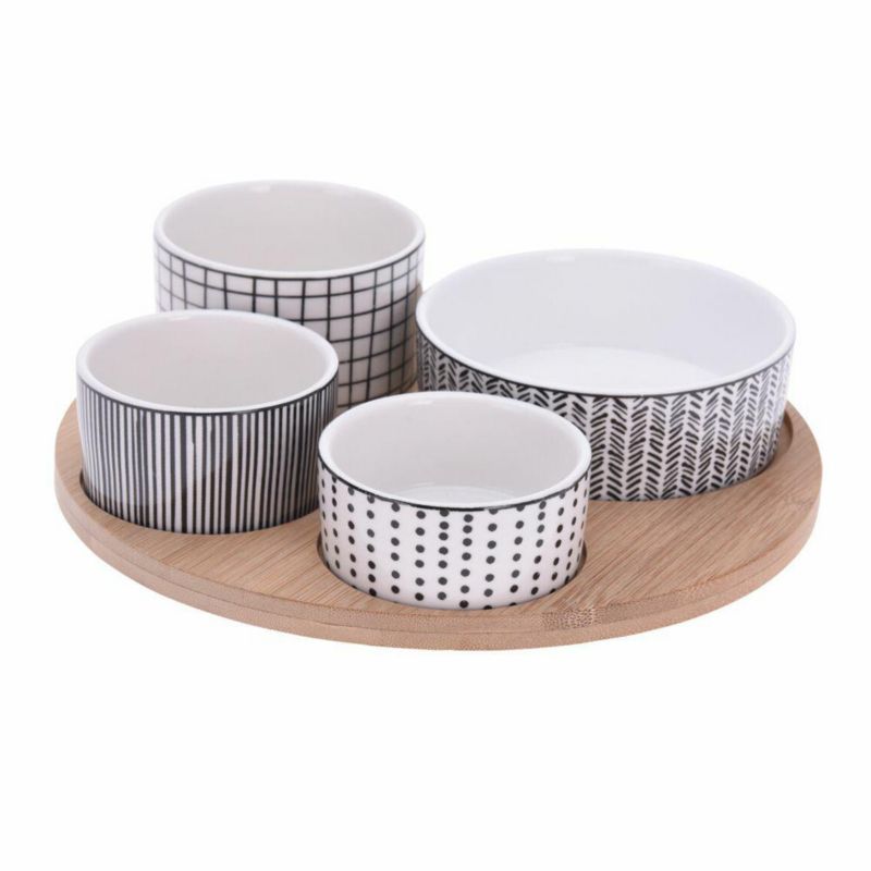Zestaw miseczek do serwowania 5 el. Excellent Houseware ceramiczne bambusowa deska średnica 22 cm 1 kpl.