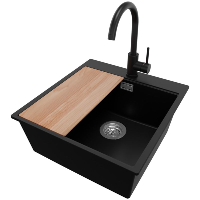 Zlewozmywak Granitowy Oslo Top PRIMAGRAN Nablatowy 48x50cm do Szafki od 50cm, Czarny + Bateria + Syfon + Deska, S303, 1 szt.