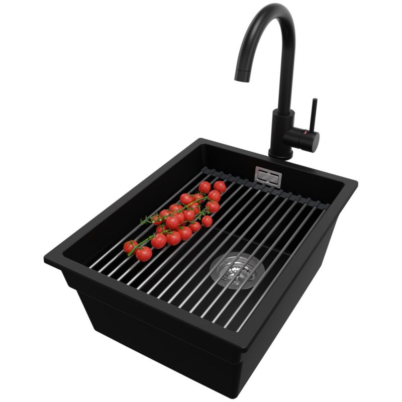 Zlewozmywak Granitowy Praga Level Slim PRIMAGRAN Nablatowy 36x47cm, Czarny + Bateria + Syfon + Akcesorium, S058, 1 szt.