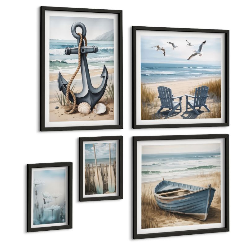 Pięcioczęściowy Zestaw Obrazów ArtPrintCave (2x50x50+2x20x30+40x60cm) Czarna rama Krajobraz lasu jezioro łódź 1 kpl.