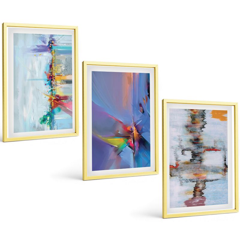 Zestaw 3 Obrazów w Złotej Ramie ArtPrintCave 40x60 cm Galeria Ścienna Abstrakcyjne malarskie kompozycje 1 kpl.