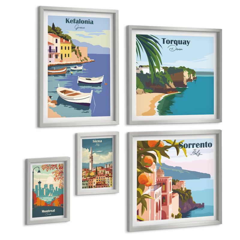 Zestaw 5 Obrazów ArtPrintCave (2x50x50+2x20x30+40x60cm) Srebrna rama Retro ilustracje znanych miejsc 1 kpl.