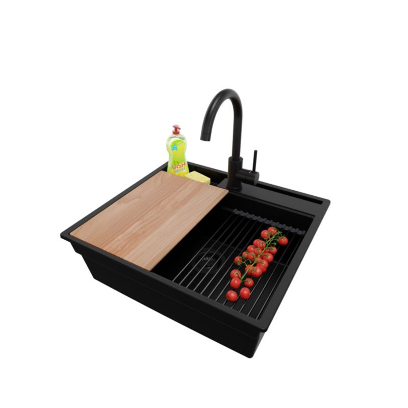 Zlewozmywak Granitowy Oslo Pocket PRIMAGRAN Nablatowy 58x53cm do Szafki od 60cm, Cały Czarny + Bateria + Syfon, S234, 1 szt.