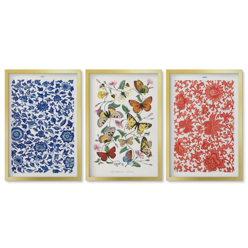 Trzy obrazy w złotej ramie zestaw Tulup 40x60 cm Vintage kwiaty motyle ornamenty Galeria ścienna 1 kpl