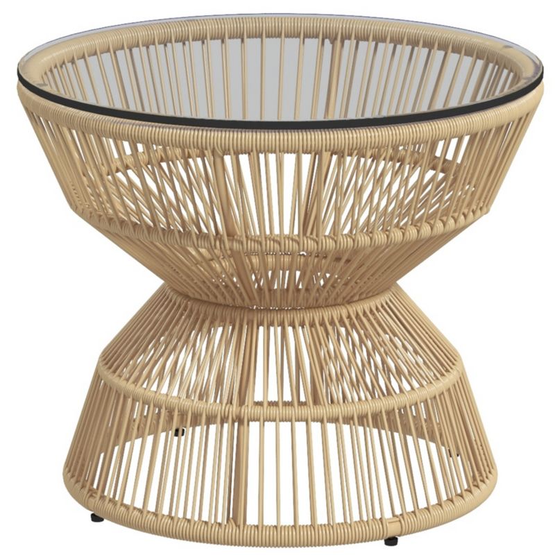 Stolik kawowy Artdesign styl Boho stolik balkonowy z rattany bezowy szklany blat 60 cm x 60 cm x 50 cm 1 szt.