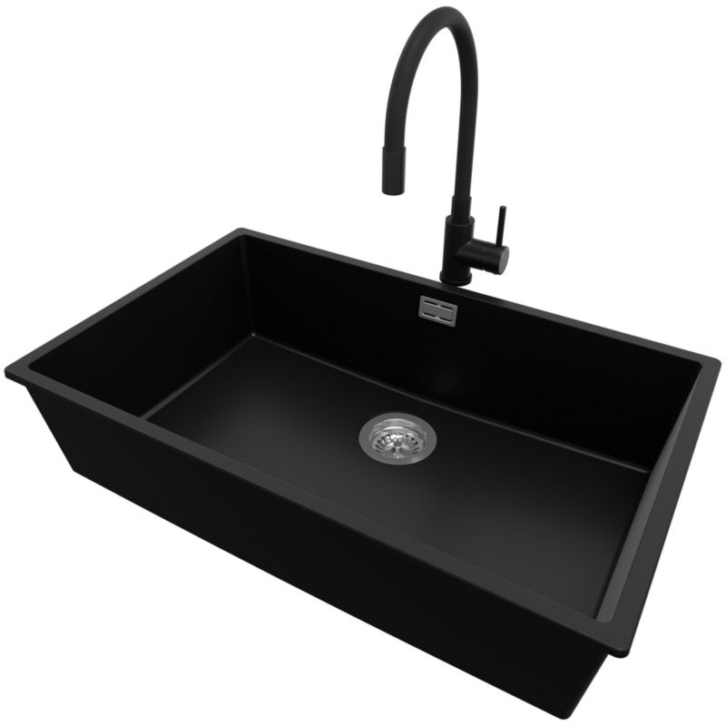 Zlewozmywak Granitowy Londyn Slim PRIMAGRAN Nablatowy 76x47cm do Szafki od 80cm, Czarny + Bateria 38x14cm + Syfon, S503, 1 szt.