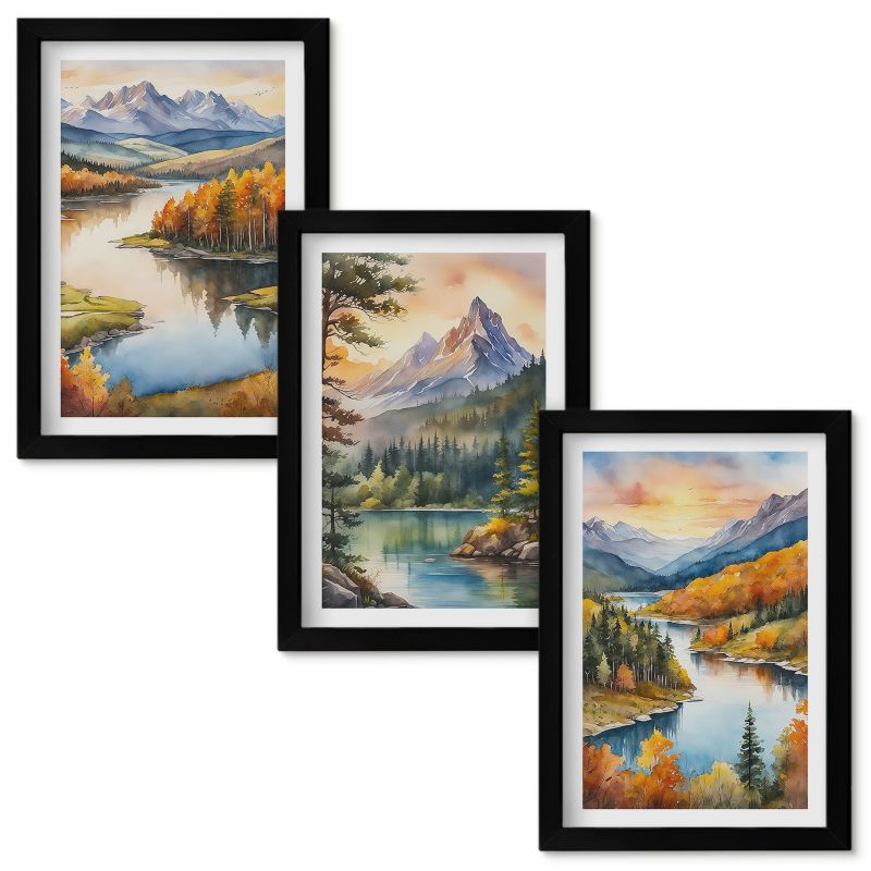 Obraz Ścienny Zestaw Wallfluent Górskie pejzaże z rzeką Czarna rama 20x30cm 3 szt.