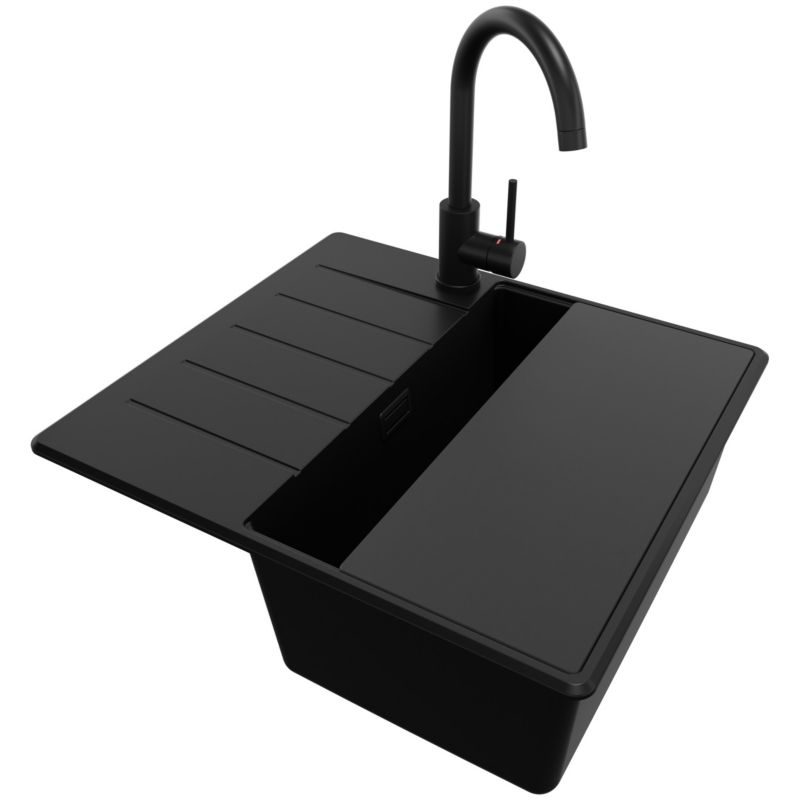 Zlewozmywak Granitowy Kopenhaga Top PRIMAGRAN Nablatowy 55x50cm, Cały Czarny + Bateria + Syfon + Akcesorium, S092, 1 szt.