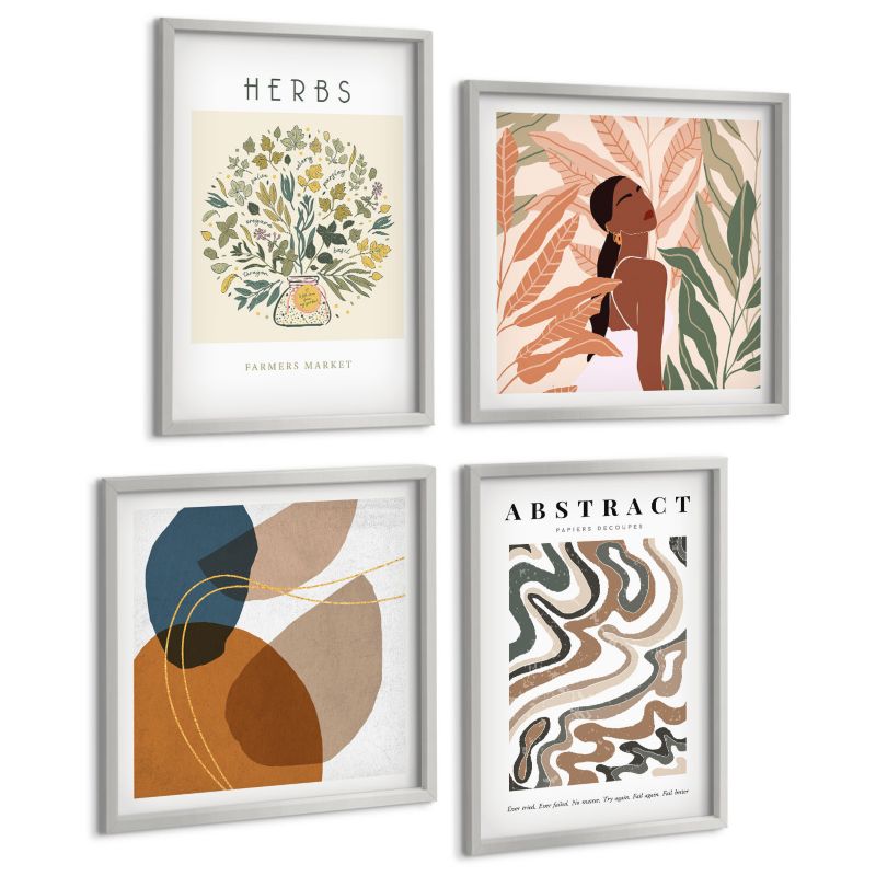 Zestaw Obrazów 4 Częściowy ArtPrintCave (2x50x50+2x40x60cm) Srebrna rama Estetyka boho pastelowe postery 1 kpl.