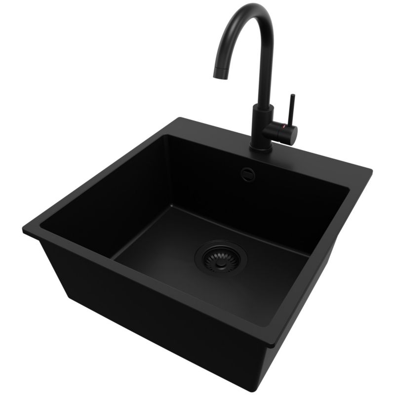 Zlewozmywak Granitowy Ryga PRIMAGRAN Nablatowy 48x50cm do Szafki od 50cm, Cały Czarny + Bateria 32x20cm + Syfon, S226, 1 szt.