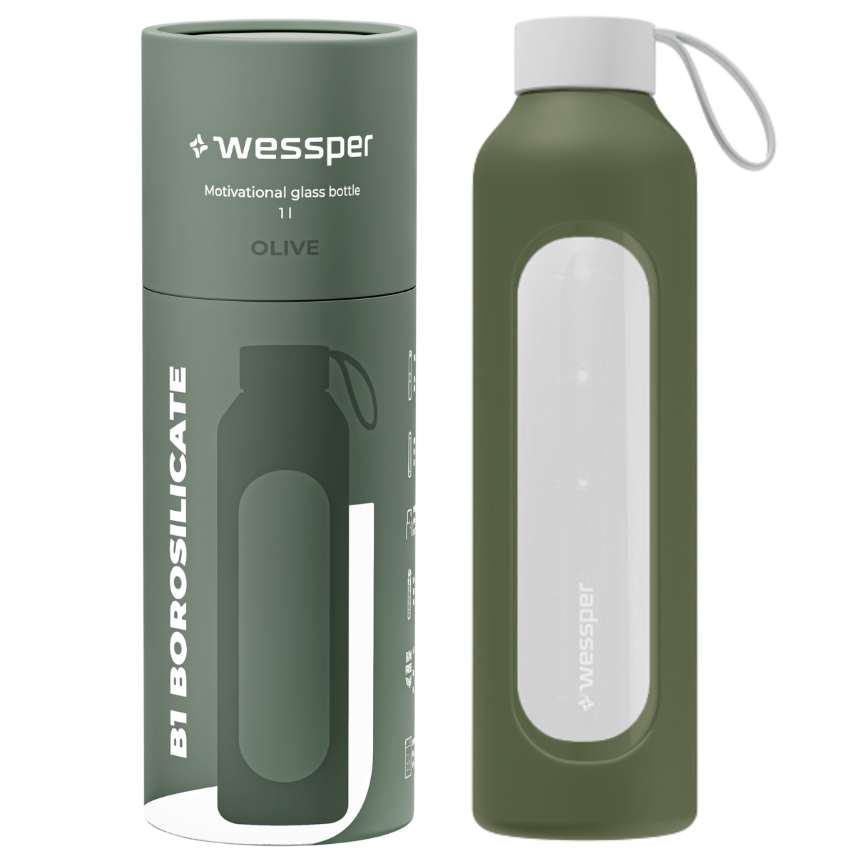 Butelka szklana na wodę w kolorze oliwkowym Wessper 1000 ml.