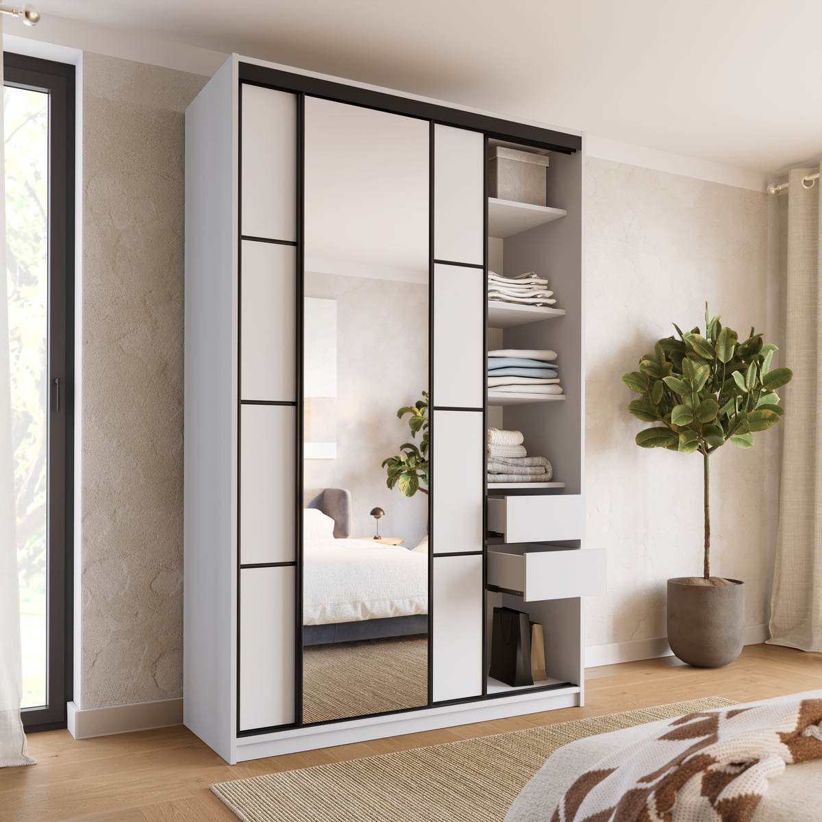 Biała wysoka szafa przesuwna z lustrem 150 cm LOFT MAX