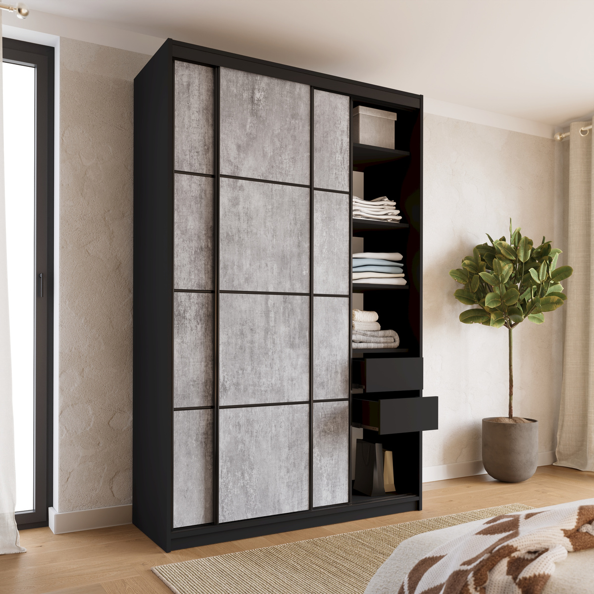 Trzydrzwiowa szafa przesuwna 150 cm LOFT MAX beton