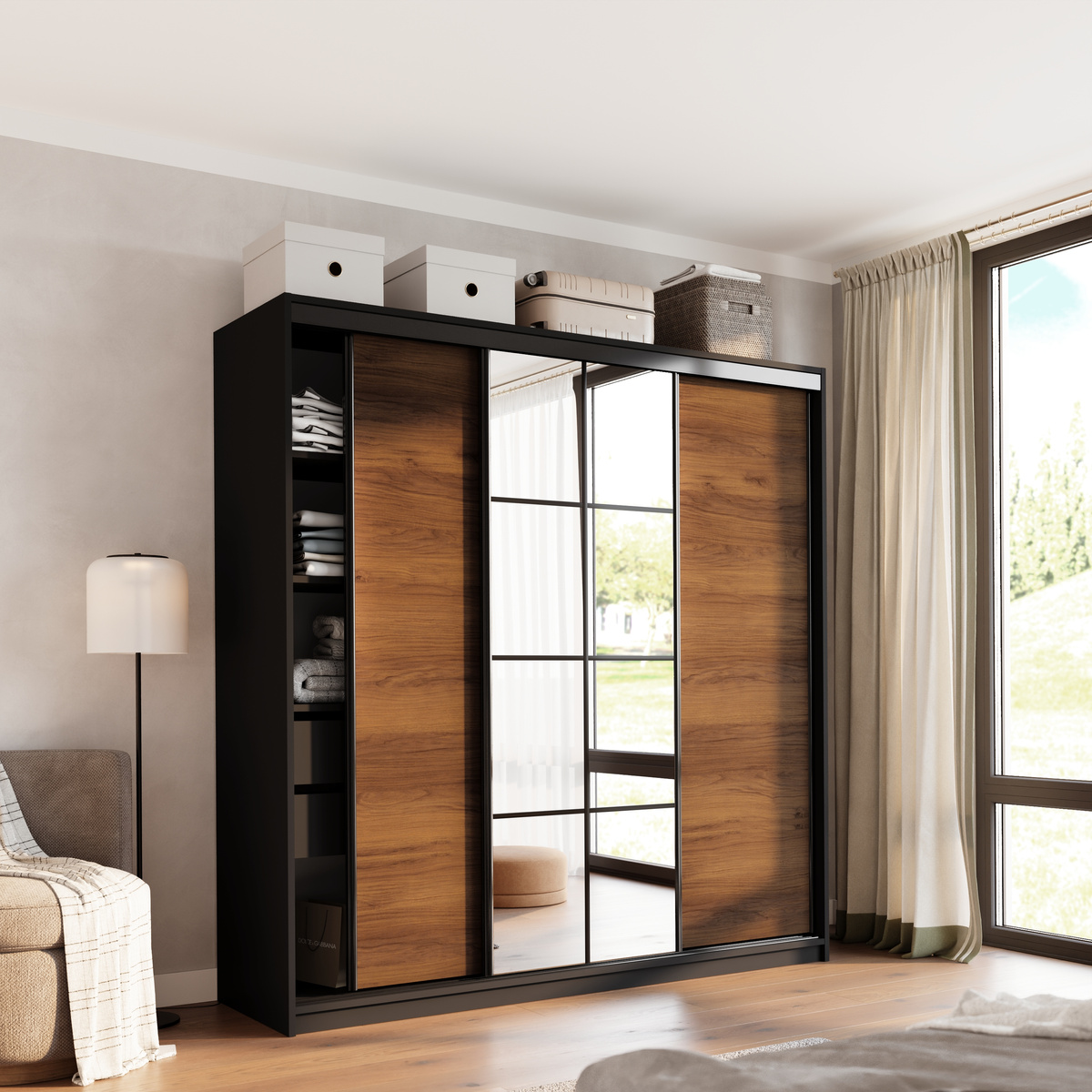 Szafa przesuwna z lustrem 200 cm do sypialni EDGE orzech