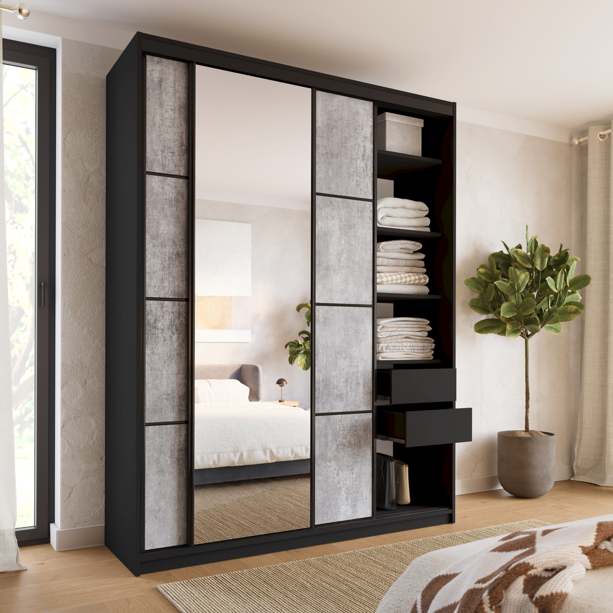 Wysoka szafa przesuwna z lustrem 180 cm LOFT MAX beton