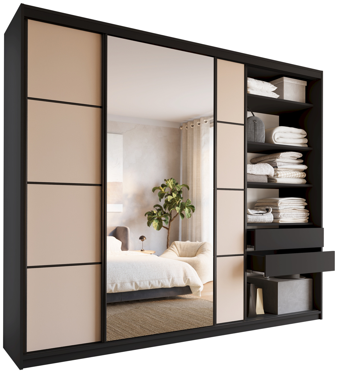 Szafa przesuwna z lustrem 280 cm z półkami LOFT MAX beż piaskowy