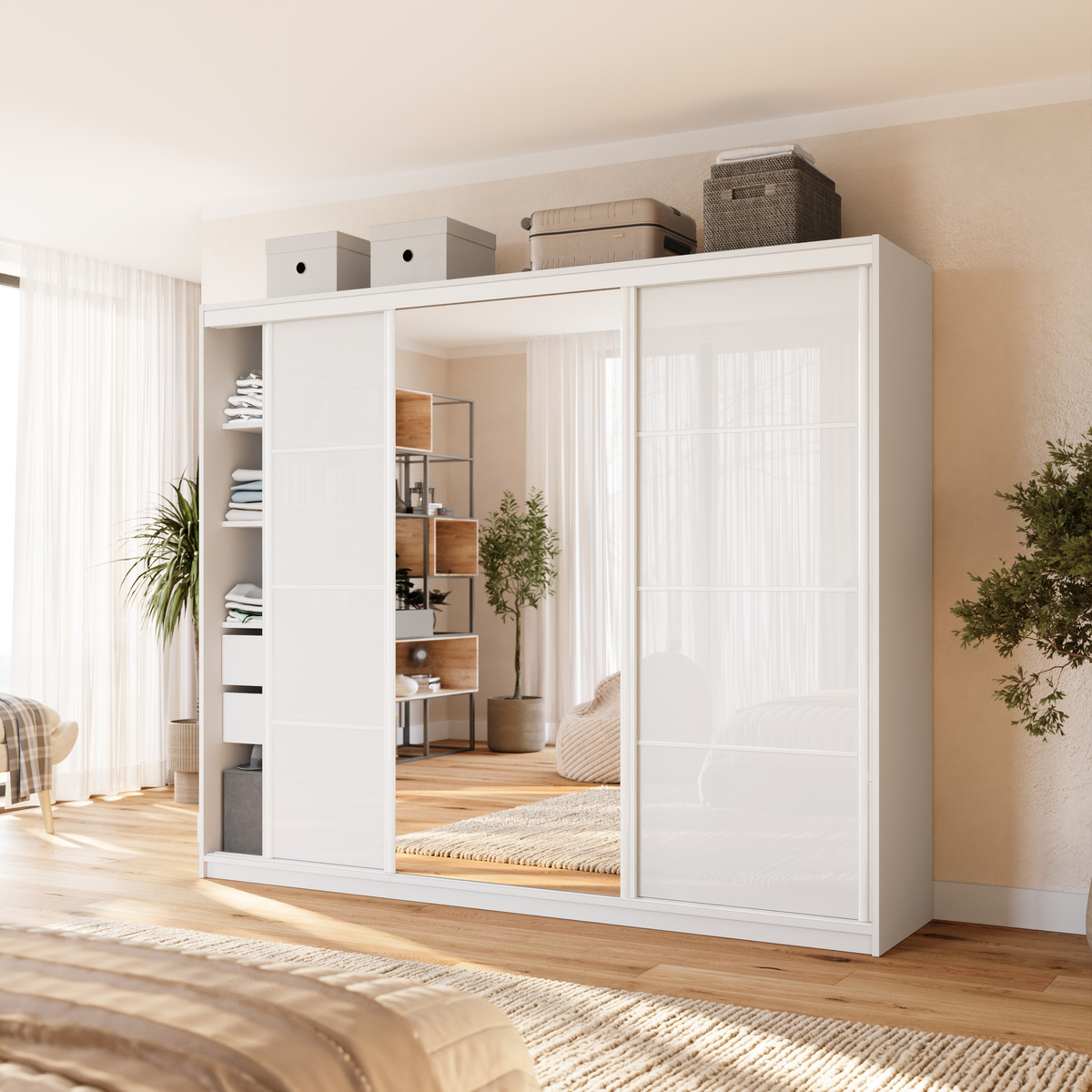 Szafa przesuwna z lustrem 250 cm VITA biały połysk