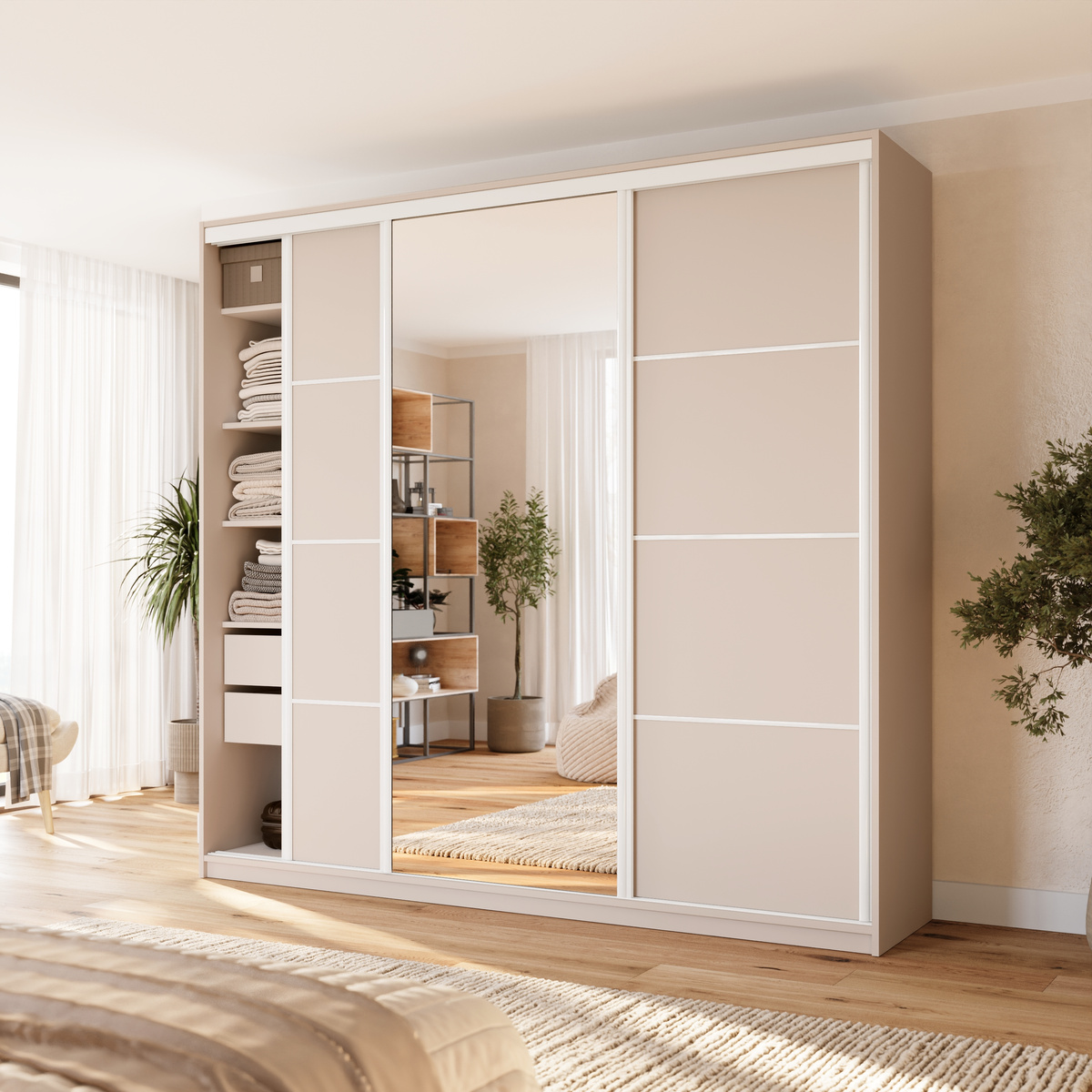 Duża beżowa szafa przesuwna 250 cm z lustrem VITA MAX