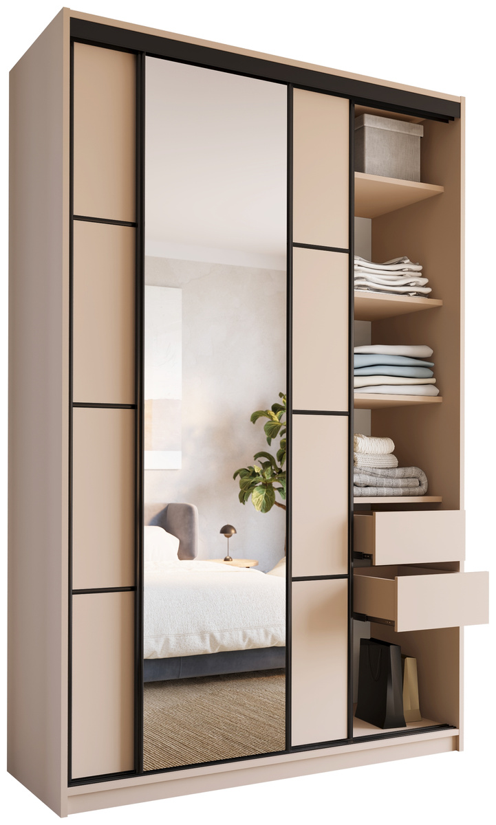 Wysoka beżowa szafa przesuwna z lustrem 150 cm LOFT MAX