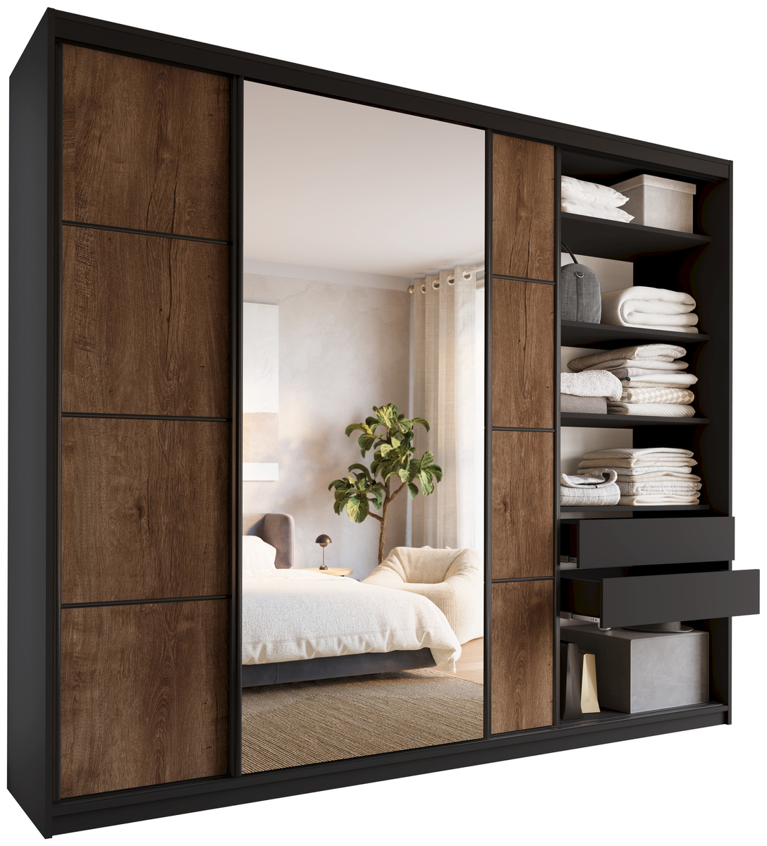 Duża szafa przesuwna z lustrem 280 cm LOFT MAX z szufladami