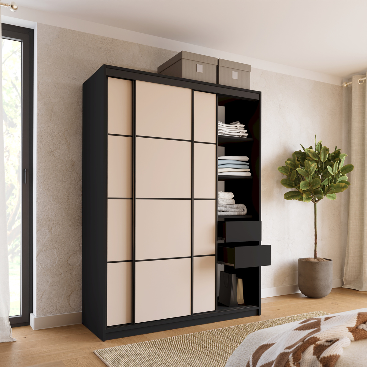Nowoczesna szafa przesuwna do sypialni 150 cm beż piaskowy LOFT