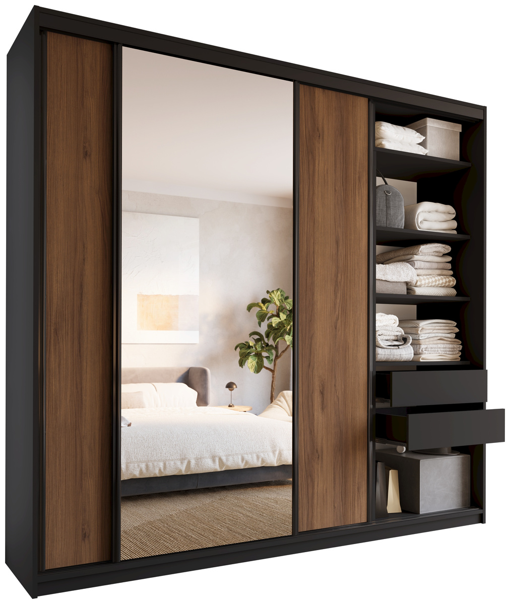 Duża szafa przesuwna z lustrem 250 cm do sypialni LOFT MAX orzech