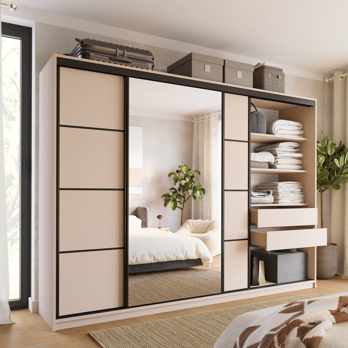Duża szafa przesuwna z lustrem do sypialni 280 cm LOFT beż piaskowy