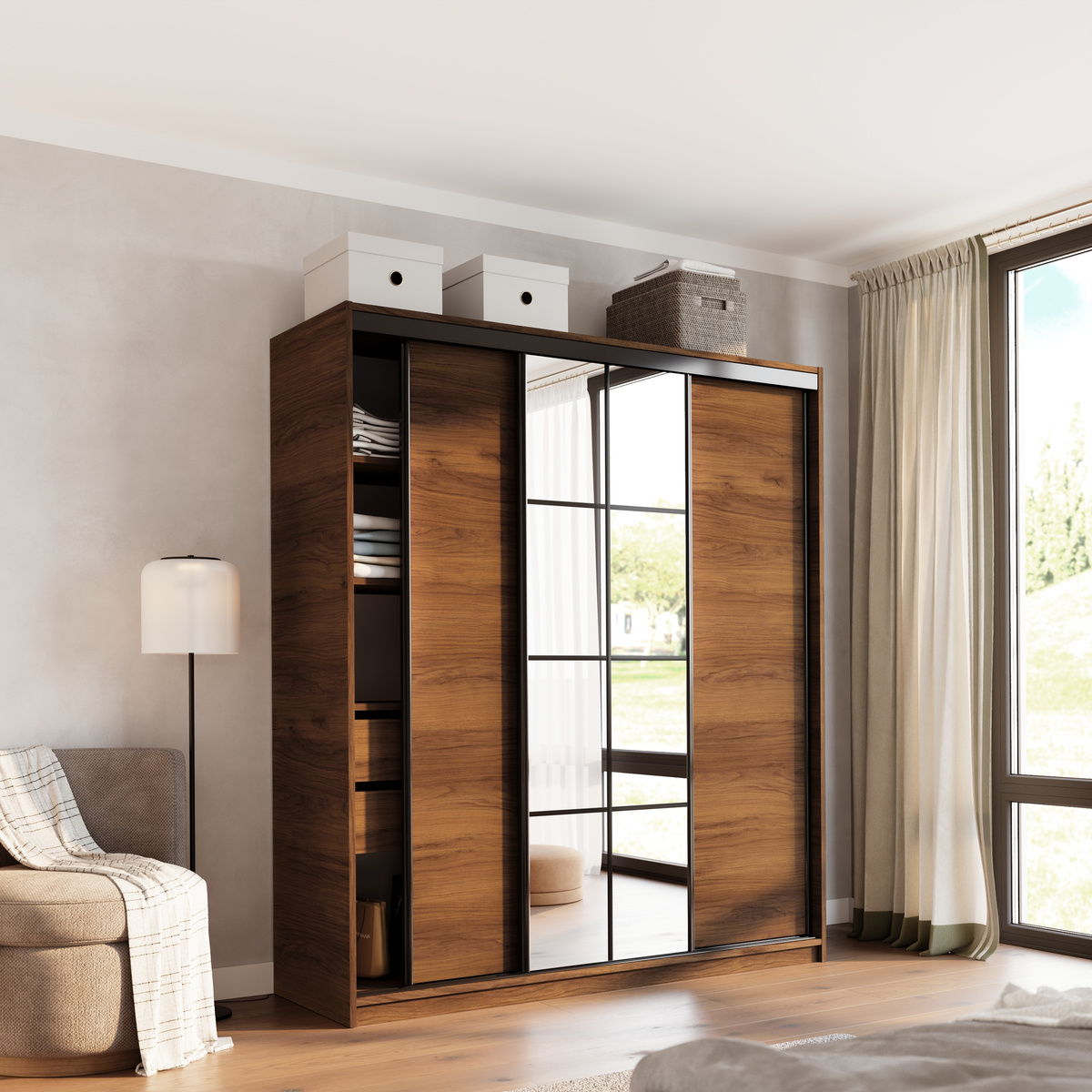 Szafa przesuwna z lustrem 180 cm do sypialni EDGE orzech