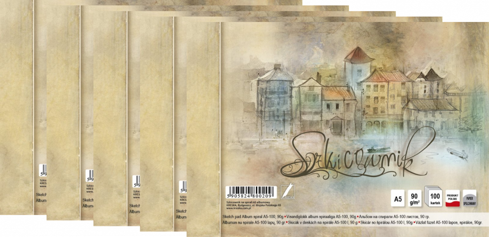 5x Szkicownik Kreska, na spirali, A5, 100 kartek, biały