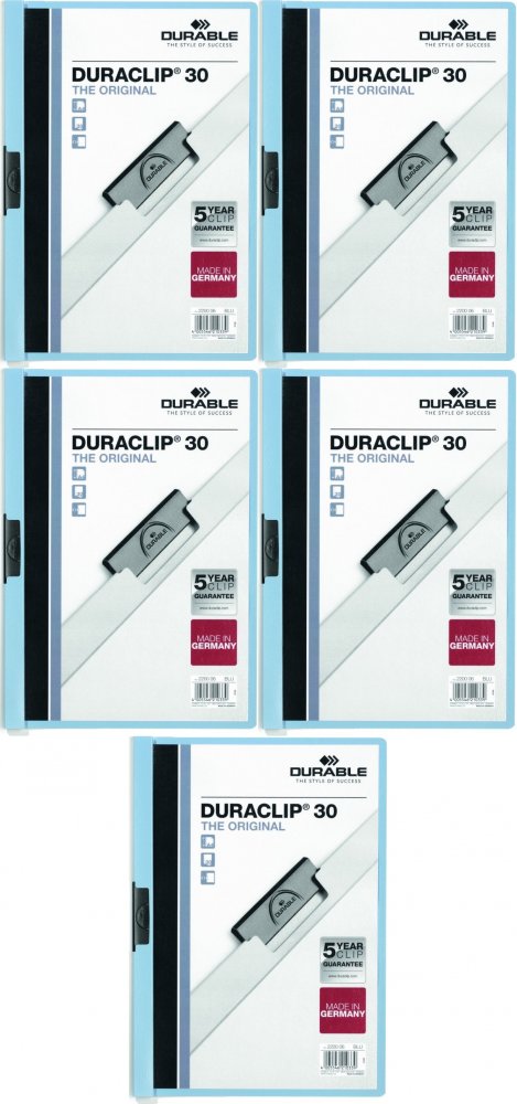 5x Skoroszyt plastikowy z klipsem Durable Duraclip, A4, do 30 kartek niebieski