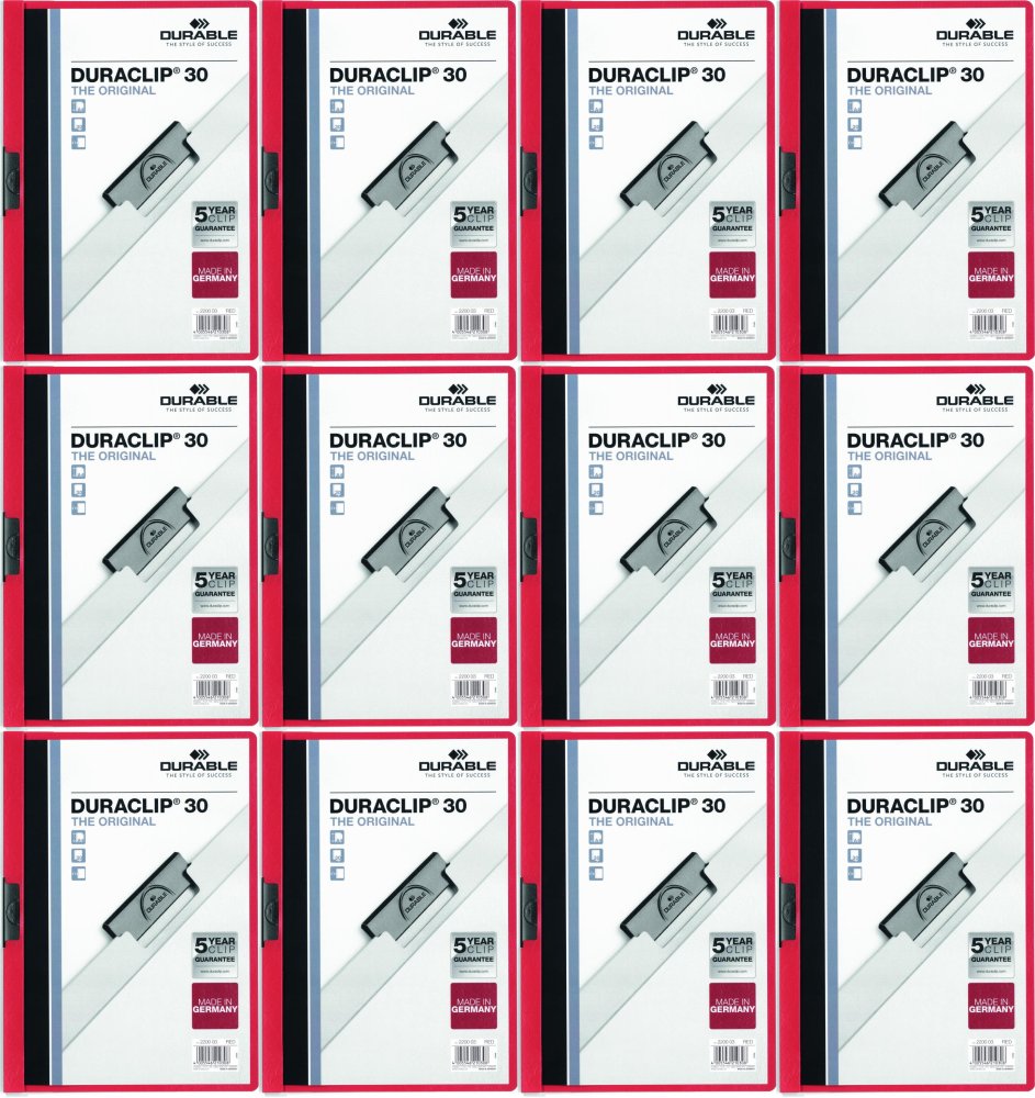 12x Skoroszyt plastikowy z klipsem Durable Duraclip, A4, do 30 kartek czerwony