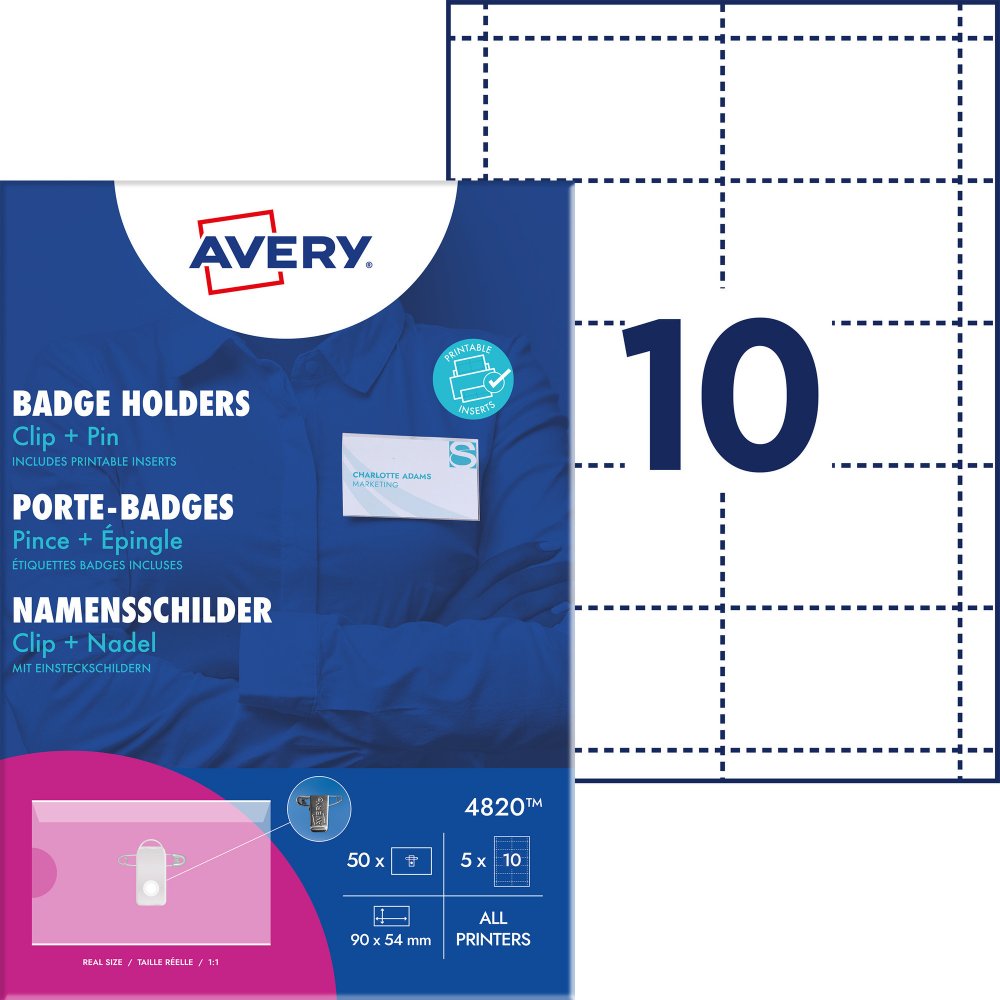 Etui na identyfikator Avery Zweckform, z klipsem i agrafką, 54x90mm, 50 sztuk + 50 wkładów, przezroczysty