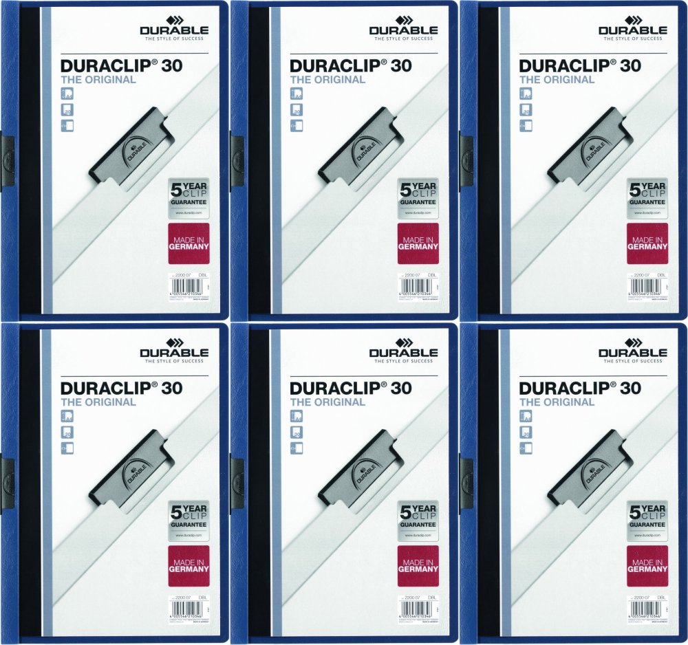 6x Skoroszyt plastikowy z klipsem Durable Duraclip, A4, do 30 kartek granatowy