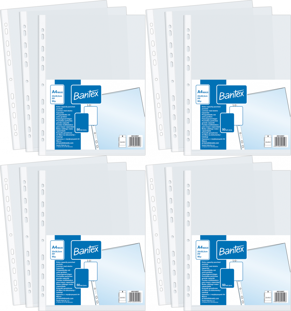 4x Koszulki groszkowe Bantex, poszerzane, A4+, 90μm, 50 sztuk, transparentny