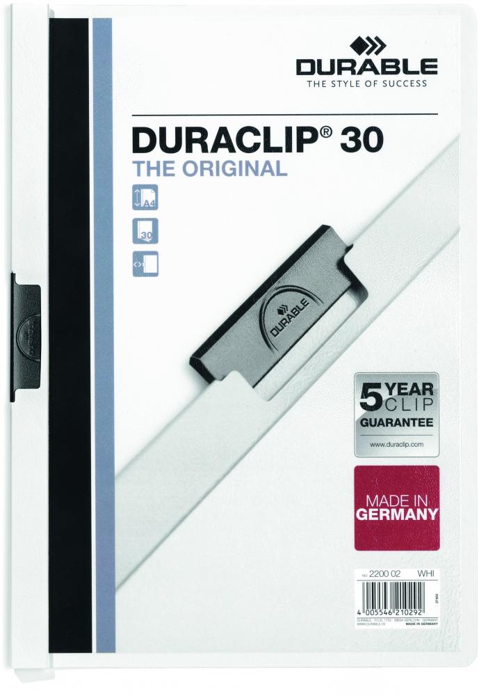 Skoroszyt plastikowy z klipsem Durable Duraclip, A4, do 30 kartek biały