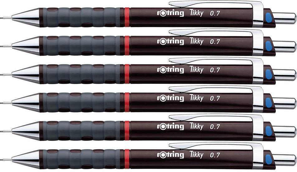 6x Ołówek automatyczny Rotring Tikky III, 0.7 mm, z gumką, bordowy