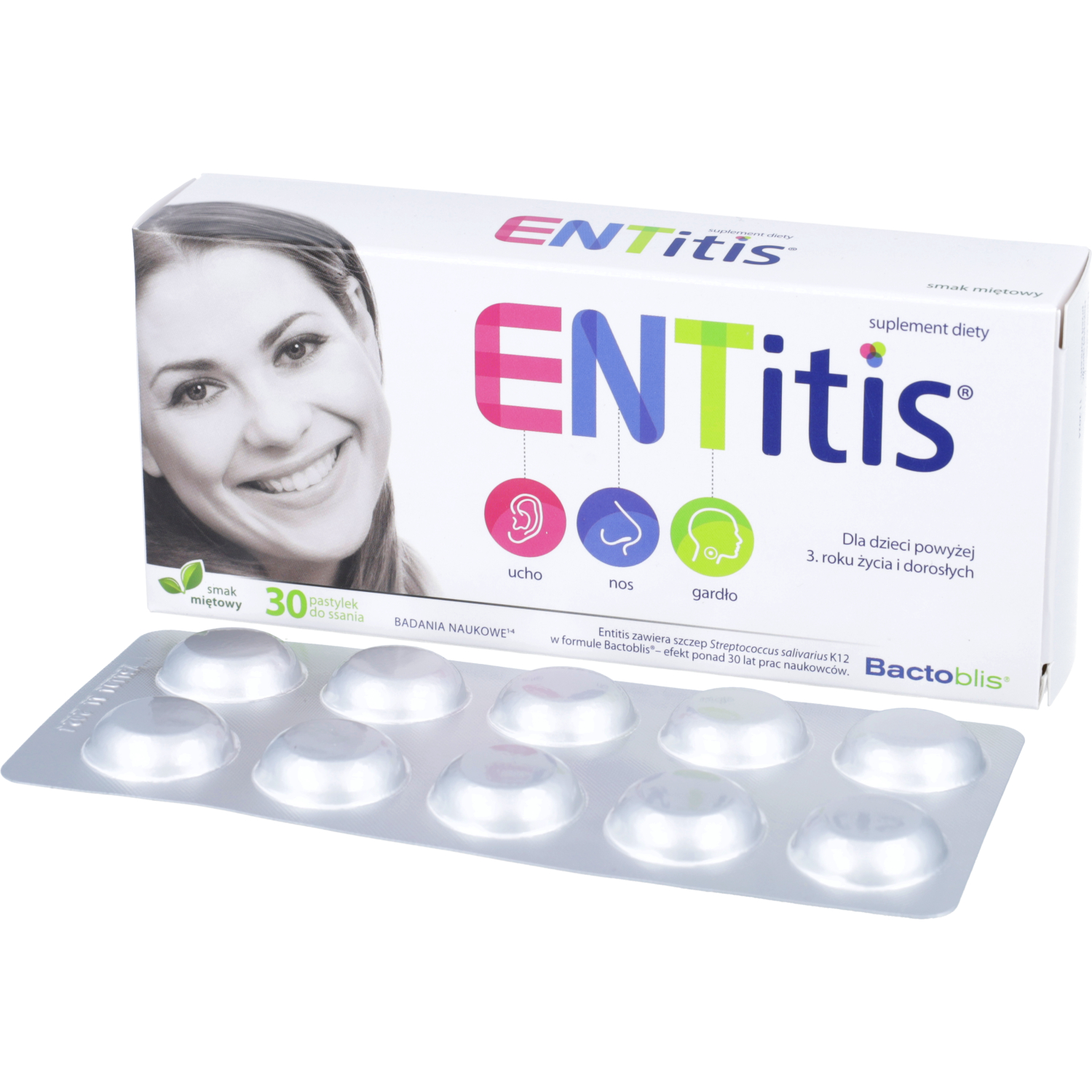 Entitis, smak miętowy, 30 pastylek do ssania (data ważności: 31.08.2026)