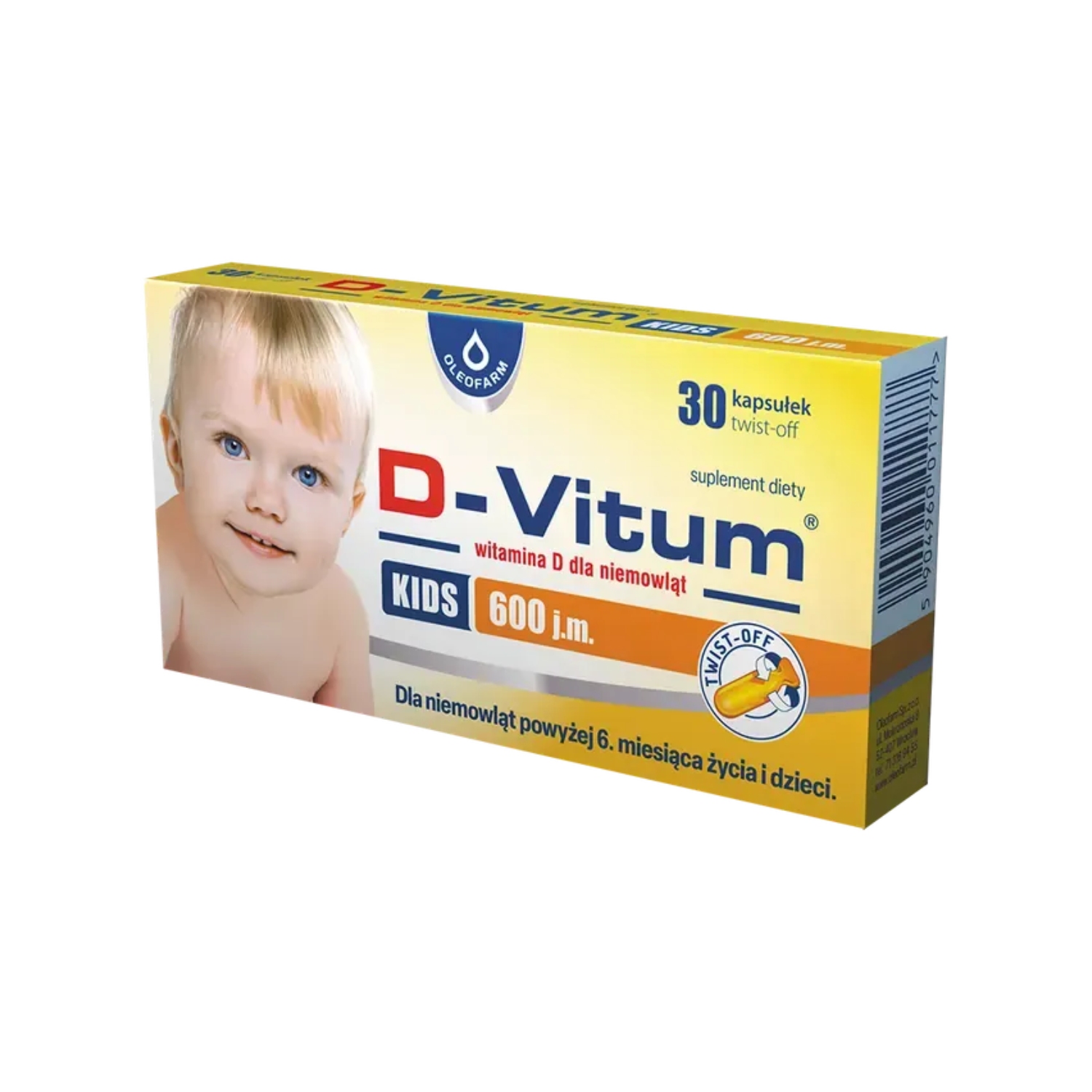 D-vitum kids 600 j.m., witamina d dla niemowląt powyżej 6 miesiąca i dzieci, 30 kapsułek twist-off